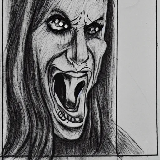 Image similar to a scary horror themed screaming woman, drawn with charcoal and pen and ink, half-tone-line-stacking