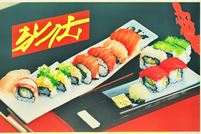 Image similar to sushi advertisment, still life, 1 9 7 0 s japan shouwa advertisement, print, nostalgic