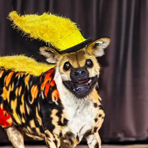 Image similar to A photo of the world's greatest showman: the african painted dog dressed in a hat!