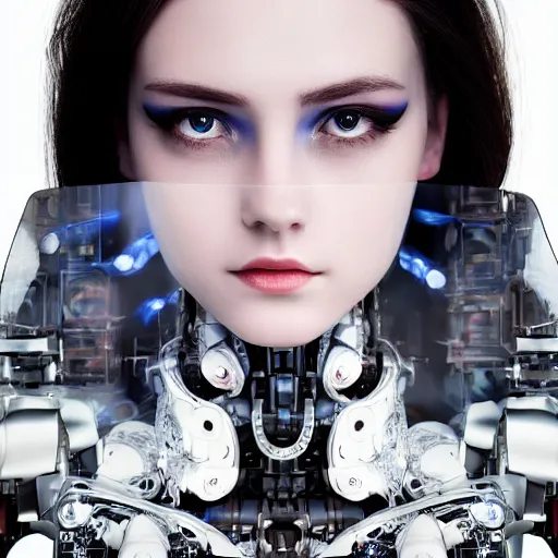 Prompt: beautiful centered fine art photo portrait of romantic beautiful girl with solarpunk mecha humanoid mechanical parts with led lights, pudica pose, photorealistic, white background, highly detailed and intricate, soft box lighting, hdr 8 k