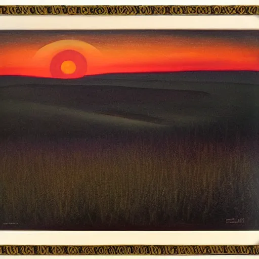 Image similar to Sunrise over the bone filled lands. Dark flower. Painting by Harald Sohlberg