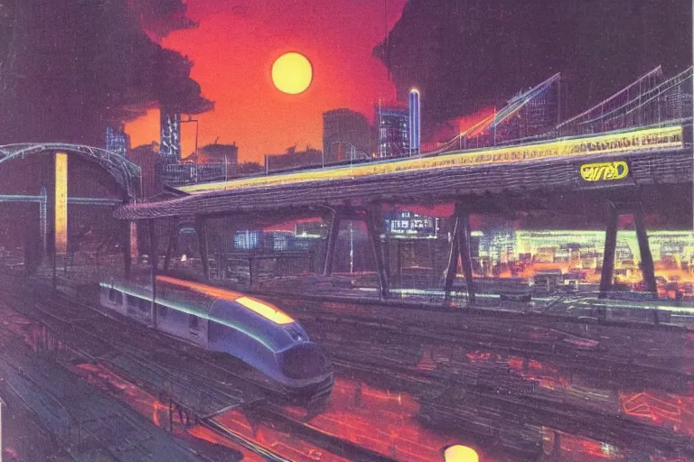 Image similar to 1 9 7 9 omni magazine cover of train bridge going above a park in osaka at night. cyberpunk style by vincent di fate