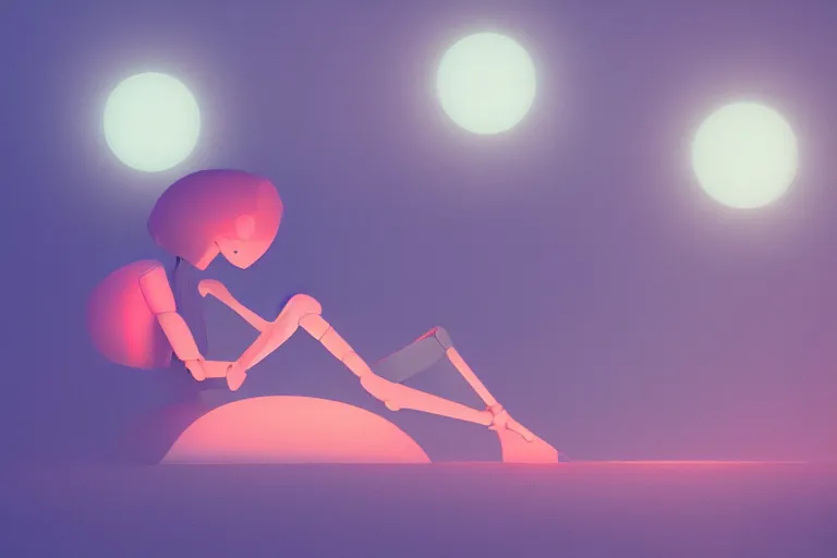 Image similar to a cute robot girl sitting on a cloud relaxing, misty, digital art, hazy, foggy, red lighting, ambient lighting, 8 k,