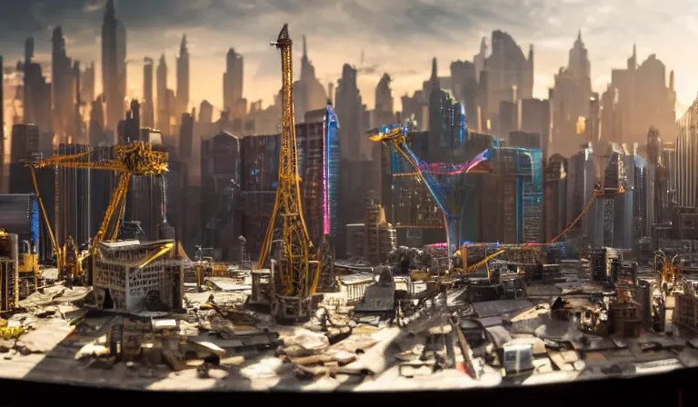 Image similar to large group people in a frame warehouse, looking at hologram of futuristic city on a table, cinematic concept art, godrays, golden hour, natural sunlight, 4 k, clear details, tabletop model buildings, foreground tabletop model, hologram center, crane shot, crane shot, crane shot