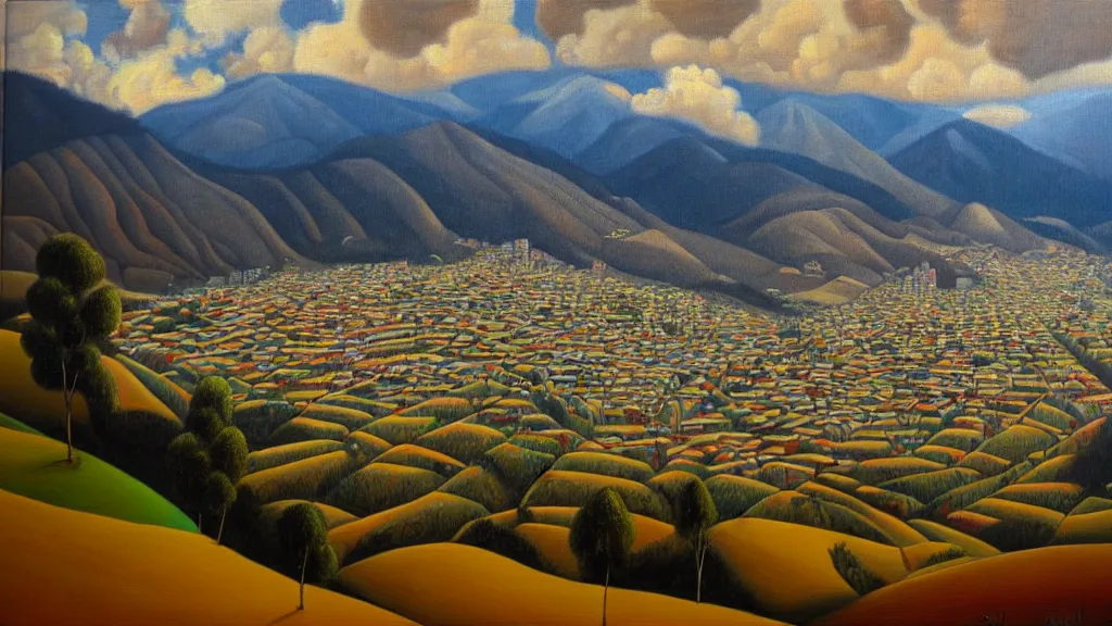 Image similar to Nuclear Nature valley blends with the City of Quito Ecuador; by Oswaldo Moncayo; oil on canvas;