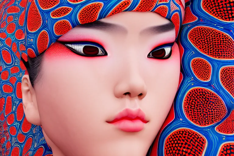 Prompt: hyperrealistic detailed image of a geisha laying in a art installation, high definition pattern design by yayoi kusama, part by kei mieno, part by alex gray, part by ross tran, part by james jean, ultra realistic, highly detailed, life like face, detailed body, 8 k, unreal engine 5, very cohesive