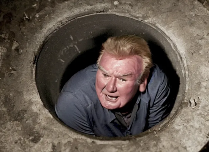 Prompt: film still of John Madden climbing out of a manhole in the new Halloween movie, 4k