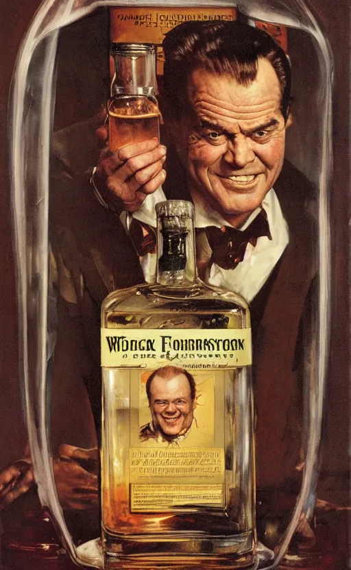 Image similar to illustration, inside a bottle of whiskey we see jack nicholson face, by norman rockwell, roberto ferri, daniel gerhartz, edd cartier, jack kirby, howard brown, tom lovell, jacob collins, dean cornwell