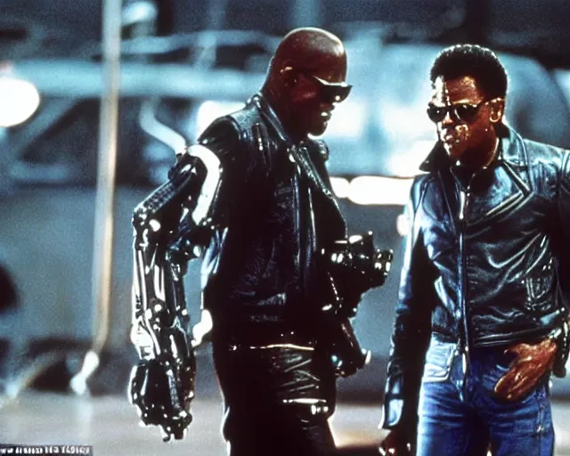 Image similar to Samuel L. Jackson plays Terminator wearing leather jacket and his endoskeleton is visible, epic film