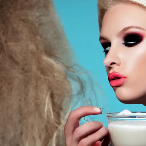 Prompt: blonde model with eyeliner and an open mouth and closed eyes pouring milk on her face