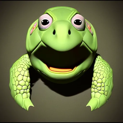 Image similar to super detailed 3 d model of a turtle character portrait rendered in cinema 4 d