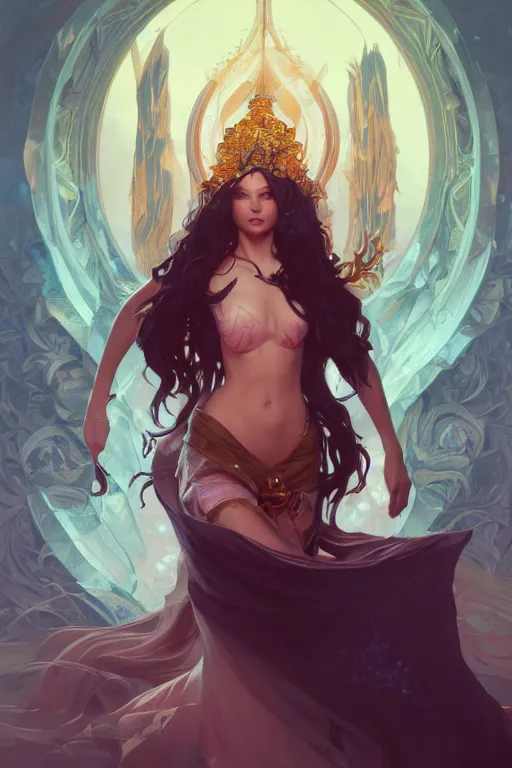 Image similar to beautiful sorceress, accurate anatomy, only two hands, highly detailed, digital painting, artstation, concept art, smooth, sharp focus, illustration, Unreal Engine 5, 8K, art by sakimichan and greg rutkowski and alphonse Mucha