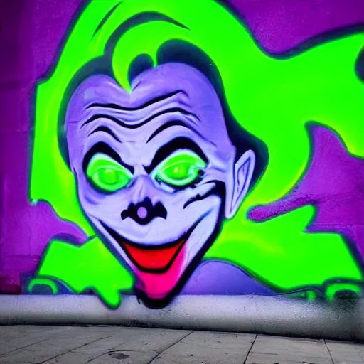 Image similar to florescent glowwave graffiti of the baby joker drinking wine on a street wall, glow wave