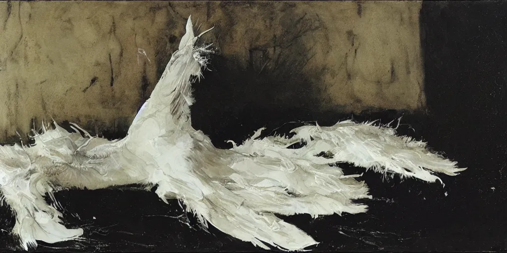 Prompt: white ball, made by swans, feathers, melted. dark atmosphere, dark space. messy image. by andrew wyeth, jenny saville and nicola samori