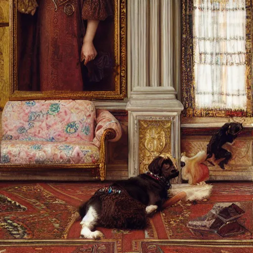 Prompt: a renaissance oil painting by Alma Tadema of a dog inside an intricately decorated living room, pastel color scheme, digital painting, high detail