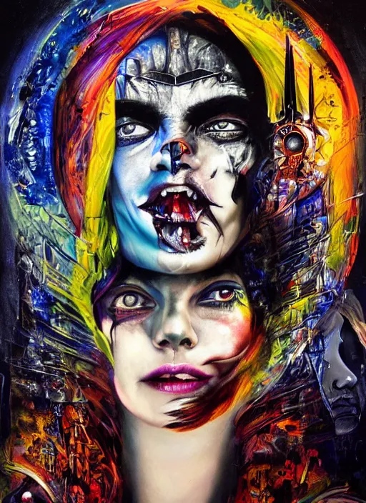 Image similar to gorgeous magic cult psychic woman smiling, third eye, energetic consciousness psychedelic, epic surrealism expressionism symbolism, story telling, iconic, dark robed, oil painting, symmetrical face, dark myth mythos, by Sandra Chevrier , H R Giger, masterpiece cinematic composition, dramatic pose, beautiful lighting, sharp, details, hyper-detailed