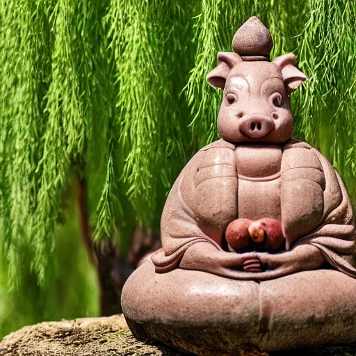 Image similar to a cute pig, meditating like buddha wearing mala beads, on top of a giant mushroom, large willow tree in the background.