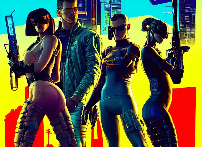 Image similar to cyberpunk hitmen. portrait by stonehouse and mœbius and will eisner and gil elvgren and pixar. character design. realistic proportions. cyberpunk 2 0 7 7 character art, blade runner 2 0 4 9 concept art. cel shading. attractive face. thick lines. the team. diverse characters. artstationhq.