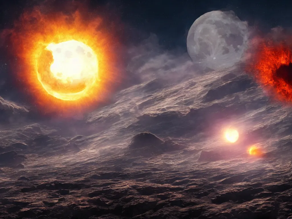 Prompt: wide shot of the moon falling out of orbit and crashing into earth, causing an fiery extinction-level event, 8k resolution, high detail, epic scale, trending on artstation