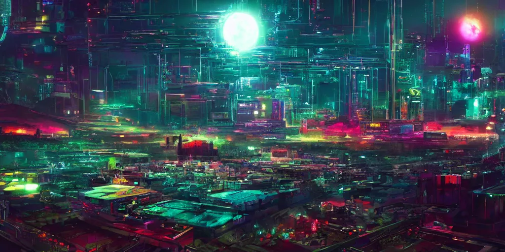 Prompt: a cinematic composition depicting : a computer run degrading cyberpunk world, on top of the mountain a mysterious neural network is using its transformative energy to transition to a hopeful to lush solarpunk civilization