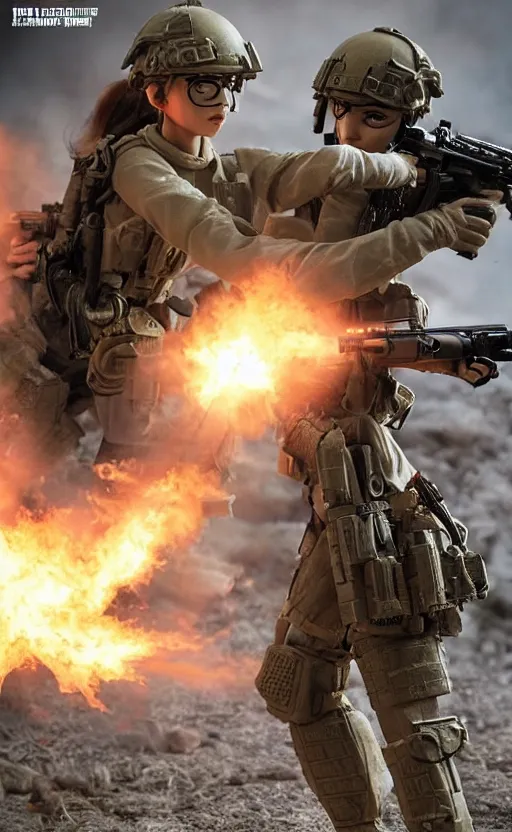 Prompt: an escalating violent firefight, highly detailed, high resolution, action figure of female soldier, collection product, stunning, girls frontline style, bokeh soft, 100mm, trending on instagram, by professional photographer, realistic human anatomy, realistic military carrier, modern warfare, realistic weapon, shot with a arriflex 35 ii, low saturation