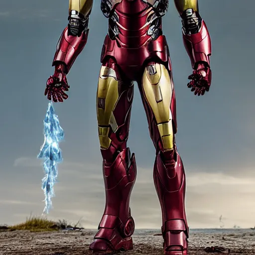 Prompt: overgrown, rusted, scratched, dented, and battle damaged iron man suit, 4k realistic photo