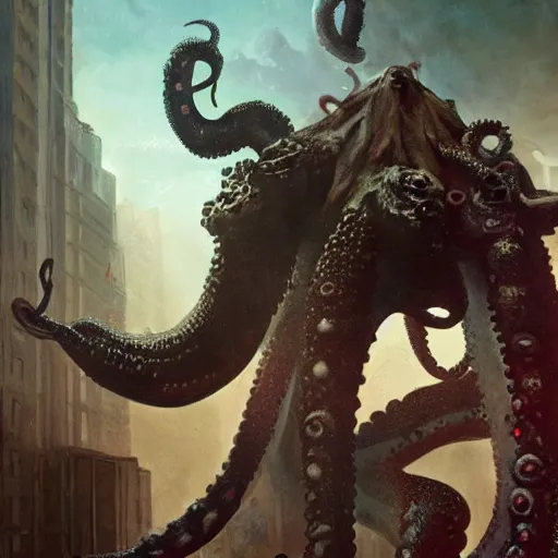 Image similar to ted cruz as a hideous octopus monster, destroys a city, greg rutkowski