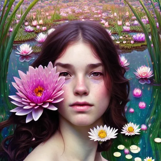 Image similar to Portrait of a girl surrounded by flowers and morphing into mushrooms while sitting at a pond with waterlilies, face, fantasy, intricate, elegant, highly detailed, digital painting, artstation, concept art, smooth, sharp focus, illustration, art by Fernanda Suarez and Artem Demura and alphonse mucha