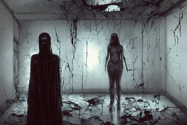 Image similar to vertical movie frame portrait of girl with head wrapped in gauze, inside childhood bedroom, ominous backrooms at distance seen through big broken shattered mirror, giger interior design, architectural design, vintage, liminal aesthetic, dreamcore, weirdcore, clean lines, wide angle, by wayne barlowe, tsutomu nihei, zdzislaw beksinski,