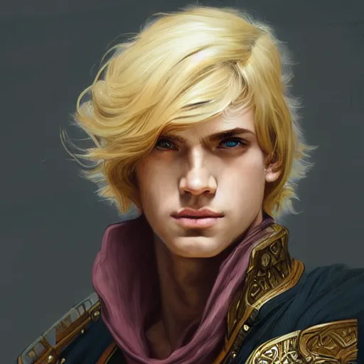 Image similar to an epic fantasy comic book style portrait painting of a confident blonde boy wearing plain thief clothes, d & d, fantasy, intricate, elegant, highly detailed, digital painting, artstation, concept art, matte, sharp focus, illustration, art by artgerm and greg rutkowski and alphonse mucha