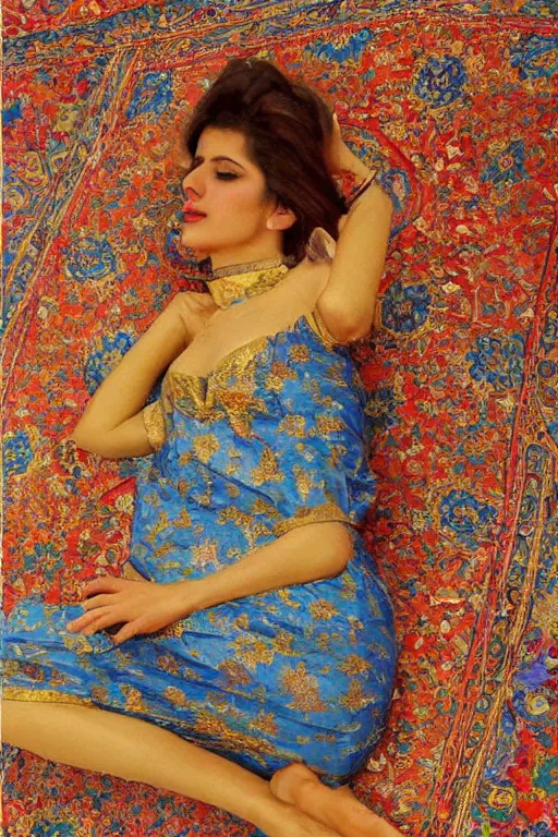 Prompt: gorgeous iranian girl wear detailed golden blue dress big tree palm pot and lay down on a detailed persian carpet, painting by john singer sargent