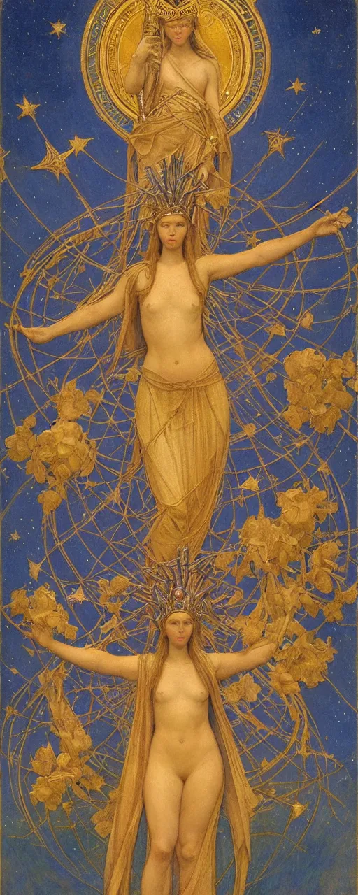 Prompt: saint woman, venus, athena, queen, by annie swynnerton and nicholas roerich and jean delville, strong dramatic cinematic lighting, ornate headdress, flowing robes, spines, flowers, stars, lost civilizations, smooth, sharp focus, extremely detailed, blue marble, obsidian, gold, glass, space