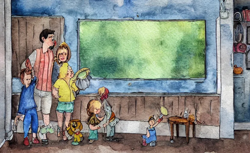 Prompt: storybook illustration of a wall with family pictures, watercolor