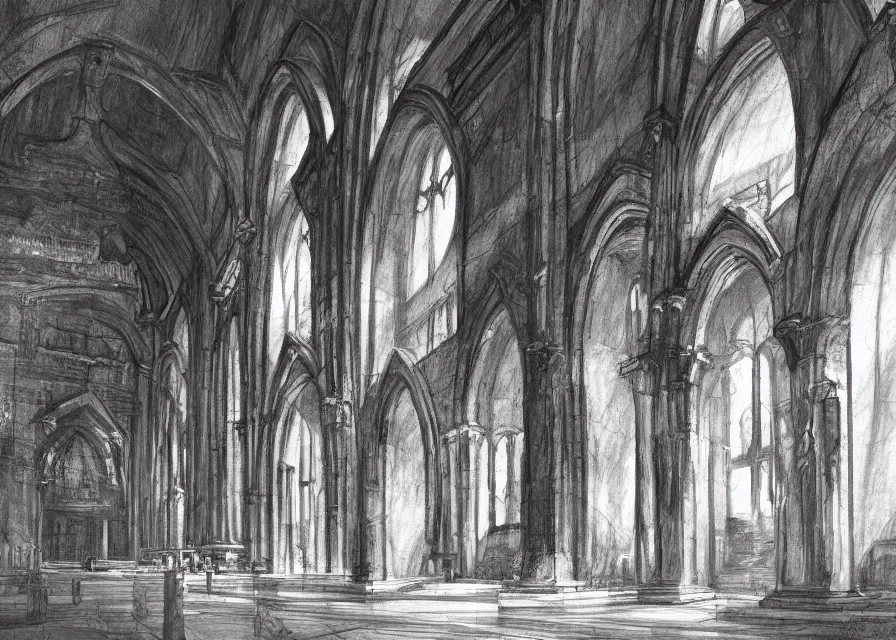 Prompt: interior of an ancient roman cathedral, pencil, concept art, 4k, artstation