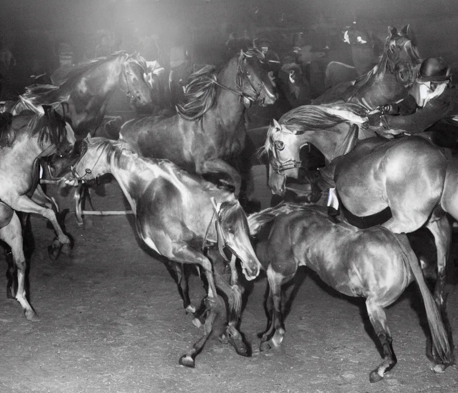 Prompt: photo of a secret horse fighting ring run by the mob in a dark basement