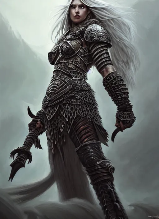 Image similar to barbarian, plated armor!!! long wild white hair!! fully clothed!!! fantasy, d & d, intricate ornate details, digital painting, pretty face!!, symmetry, concept art, sharp focus, illustration, art by artgerm! greg rutkowski magali villeneuve wlop! ilya kuvshinov!!, octane render