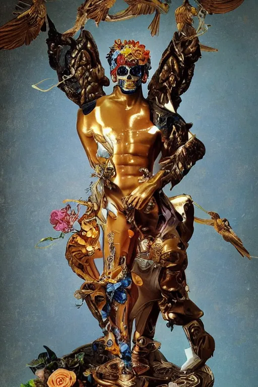 Image similar to a young handsome Spanish metal android with a large glowing battery in the center of his chest in a full-body bronze cyberpunk style statue of Icarus with glowing blue eyes, crown of peach roses, flowing teal-colored silk, fabric, flowers. baroque elements, human skull. full-length view. baroque element. intricate artwork by caravaggio. many many birds birds on background. Trending on artstation, octane render, cinematic lighting from the right, hyper realism, octane render, 8k, depth of field, 3D