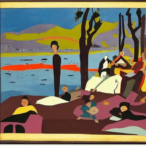 Image similar to a scenic view of a kid on a florest t with a ghost that shines near to a lake, pale light, a realistic colorful painting by Jacob Lawrence