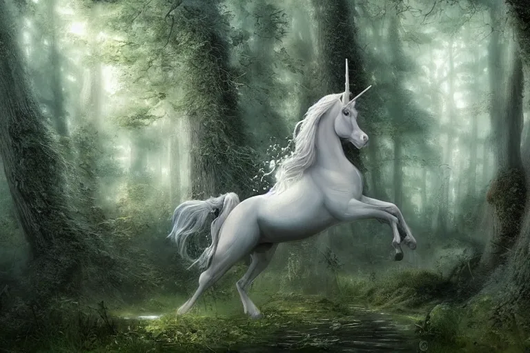 Image similar to fine art painting of a unicorn in a magical forest, artstation, cgsociety, very detailed, intricate, masterpiece, stunning, romanticism