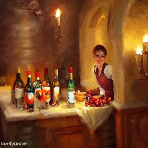 Prompt: wine cellar full of food, torches on the wall, schnapps, romantic, inviting, cozy, Boba fett, painting Vladimir Volegov