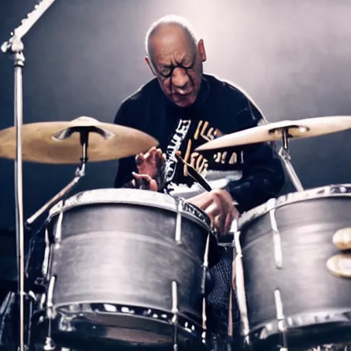 Image similar to Still of a bill cosby playing drums in the bring me to life music video by American rock band Evanescence dslr