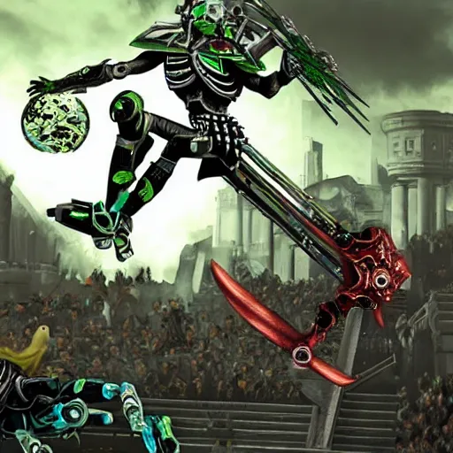 Image similar to necron doing a kickflip while humans look on in amazement and awe