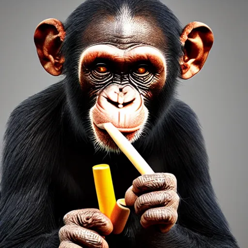 Prompt: a high detail shot of a chimp wearing a suit and smoking