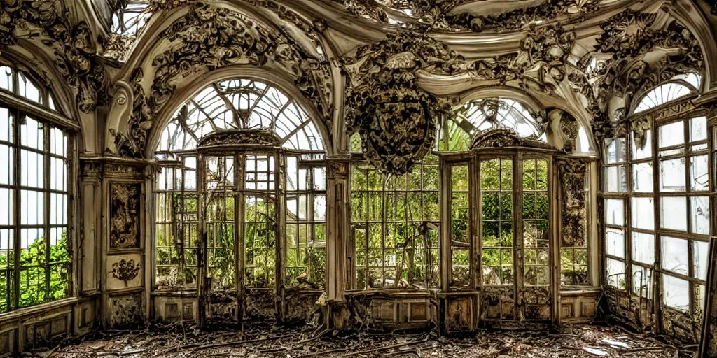 Prompt: abandoned baroque interior of a glass conservatory, botanical garden, style of michael schwan, saatchi art, urban, intricate detail,