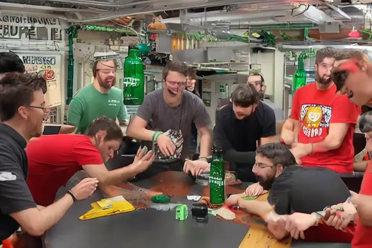 Image similar to a group of software engineers battle a giant Tabasco bottle