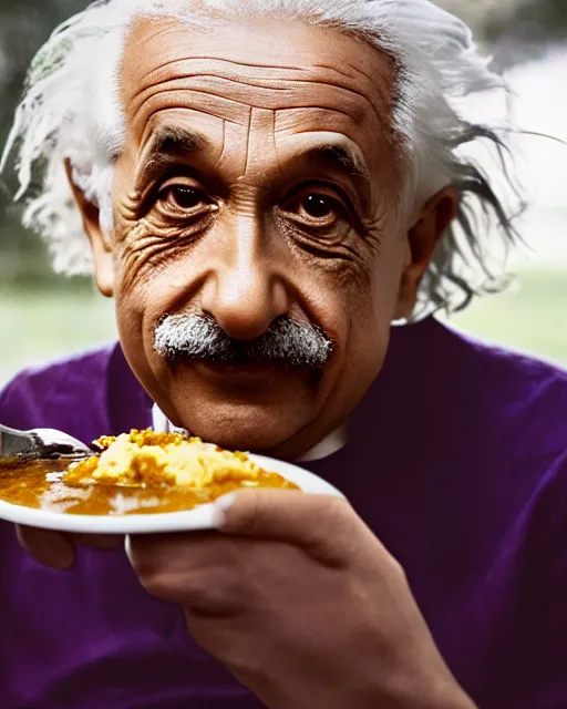 Image similar to A photo of Albert Einstein eating Idli Sambar, highly detailed, trending on artstation, bokeh, 90mm, f/1.4