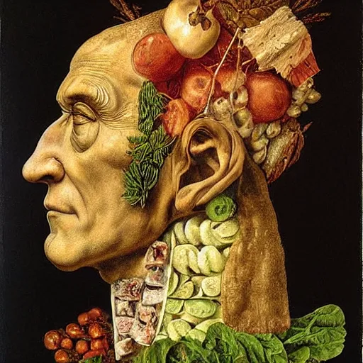 Image similar to julius caesar made of salad, by giuseppe arcimboldo