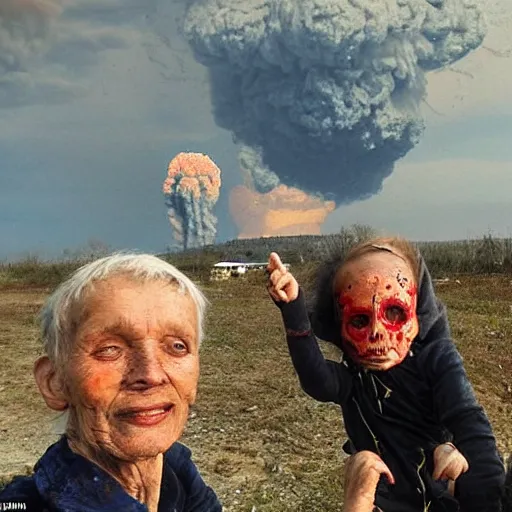 Image similar to selfie of the last surviving ukrainian with children with evil faces, wild pain and damage to the body burns alive to the bone, painted in dirty yellow - blue colors, a huge nuclear explosion is approaching in the background, corpses and skeletons are everywhere, the earth is on fire, smoke and radioactive rain