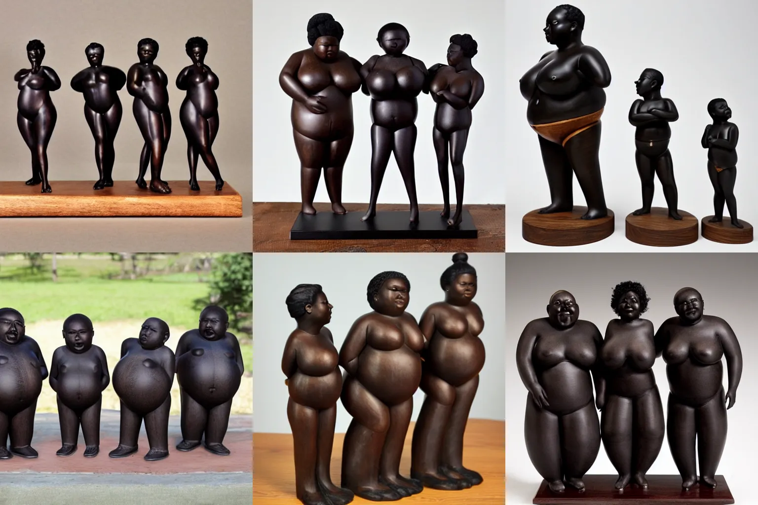 Prompt: ebony wood sculpture of three beautiful fat androgynous polyamorous black people