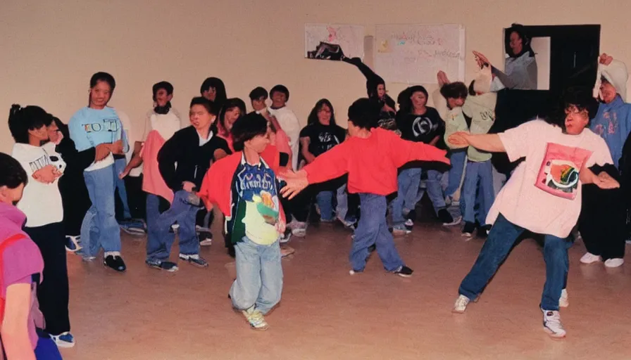 Prompt: 1990s candid photo of Terry the discount whale bird teaching a middle school class how to break dance, cinematic, UHD